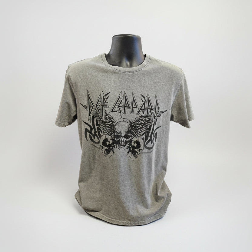 Gray t-shirt with Def Leppard logo on a mannequin against a white background