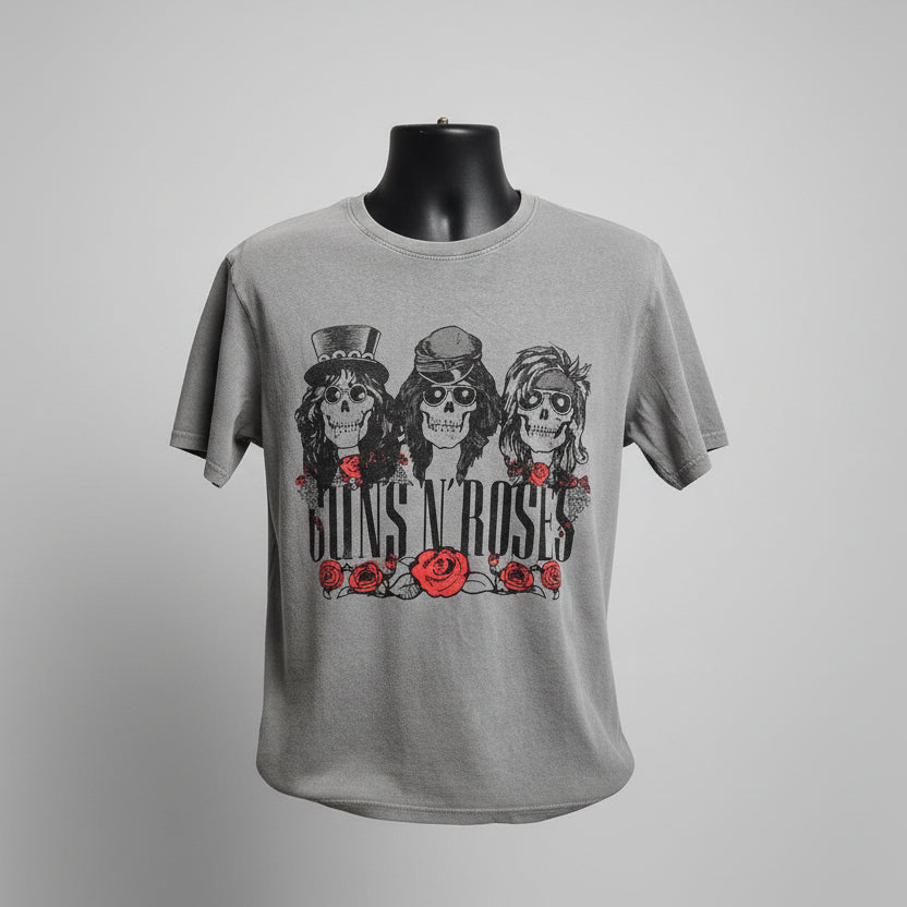 Gray Guns N Roses  top with graphic design of skulls and roses on a store shelf background