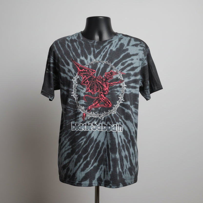 Gray and black patterned Black Sabbath tee on mannequin