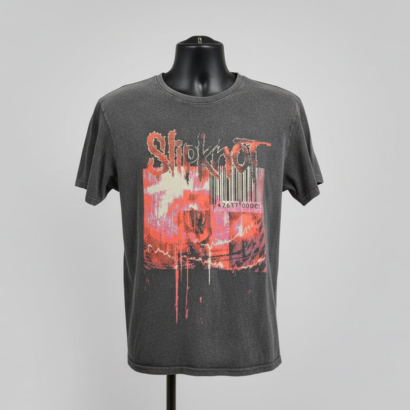 Gray Slipknot t-shirt with Barcode graphic and text, on grey background