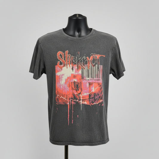 Gray Slipknot t-shirt with Barcode graphic and text, on grey background