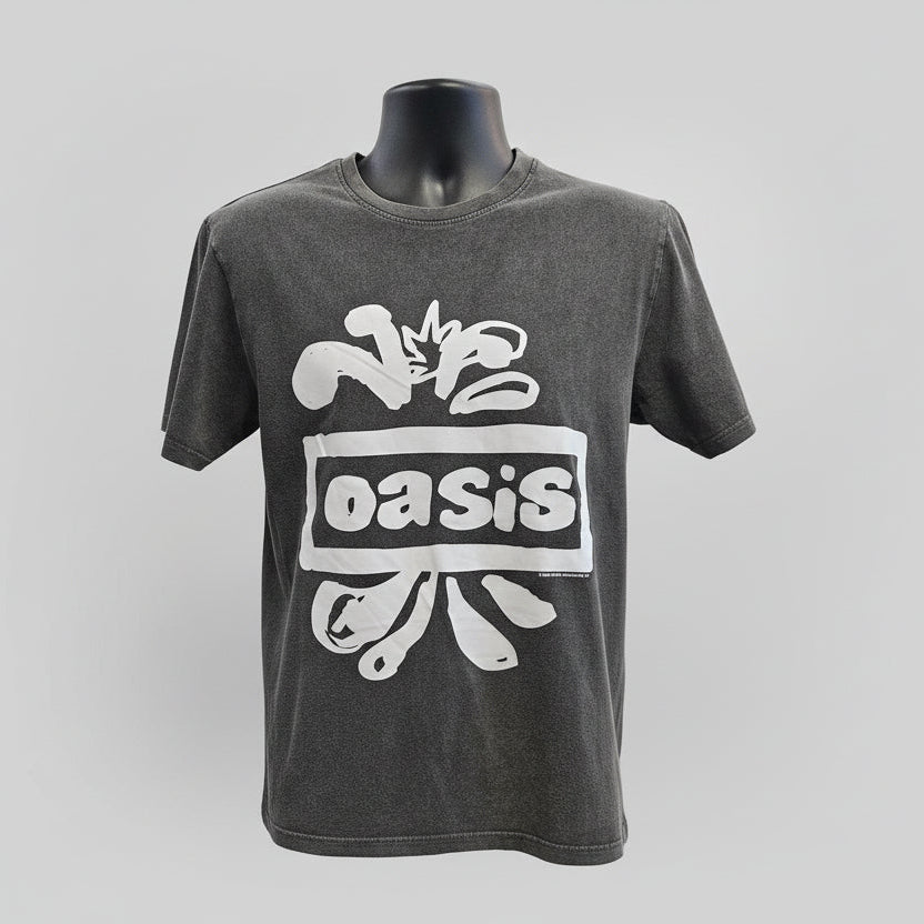 Gray Oasis logo t-shirt with white graphic design on a mannequin against a gray background