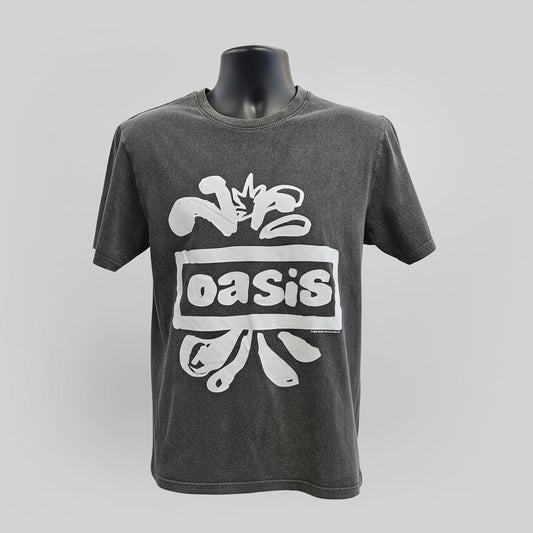 Gray Oasis logo t-shirt with white graphic design on a mannequin against a gray background