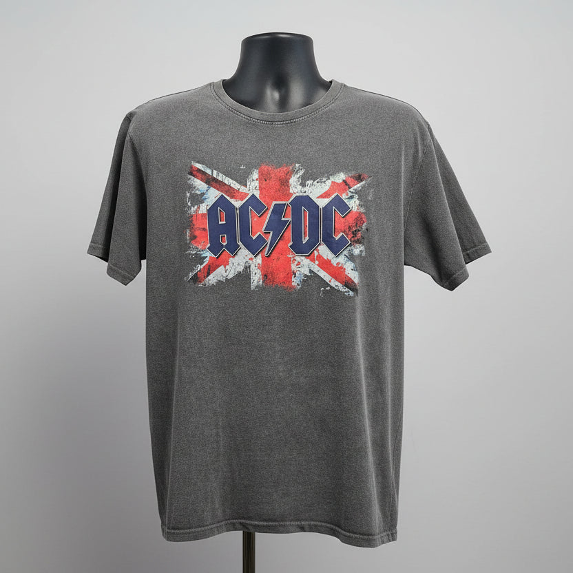 Gray t-shirt with AC/DC logo on a mannequin against a gray background
