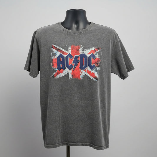 Gray t-shirt with AC/DC logo on a mannequin against a gray background