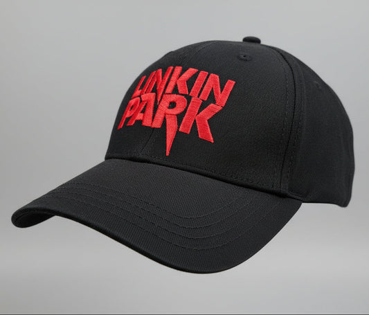 Black cap with red 'Linkin Park' text on a gray background