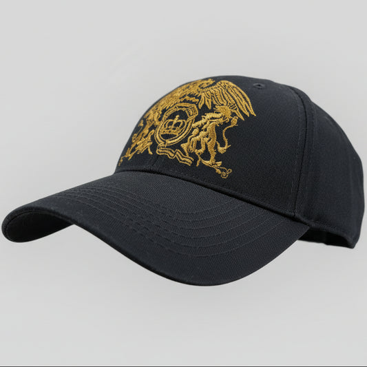 Black cap with gold Queen emblem on a light gray background