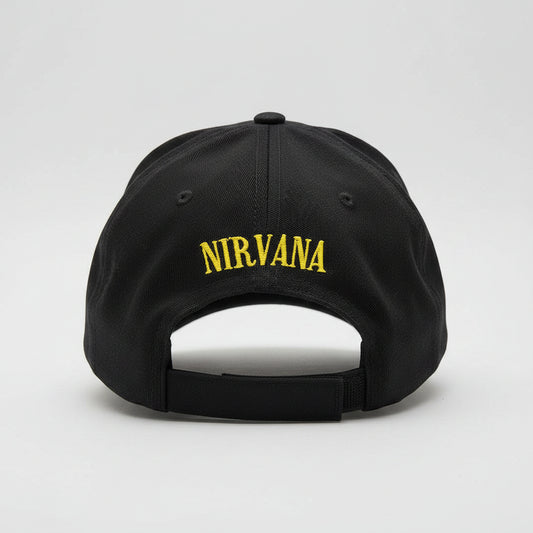 Black cap with 'Nirvana' embroidered in yellow on a light gray background