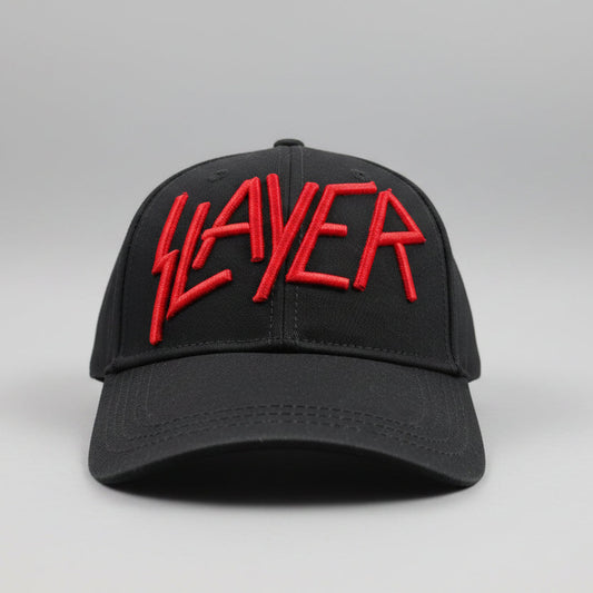 Black cap with red 'SLAYER' logo on a gray background