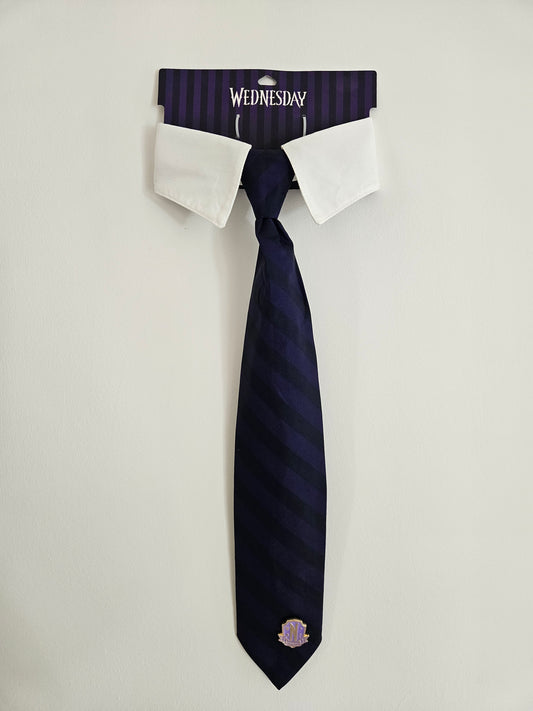 Navy striped Wednesday  tie with a logo on a white background