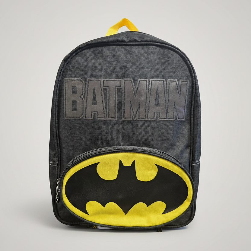 Batman backpack with logo on a gray background