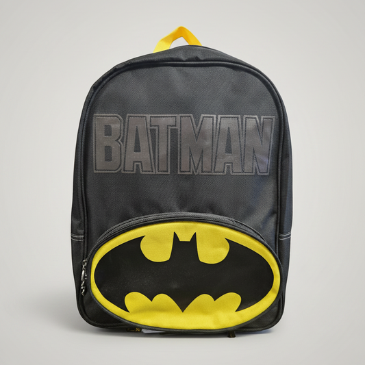 Batman backpack with logo on a gray background