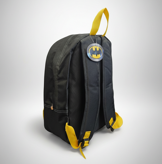 Black backpack with yellow accents and a Batman logo on a white background