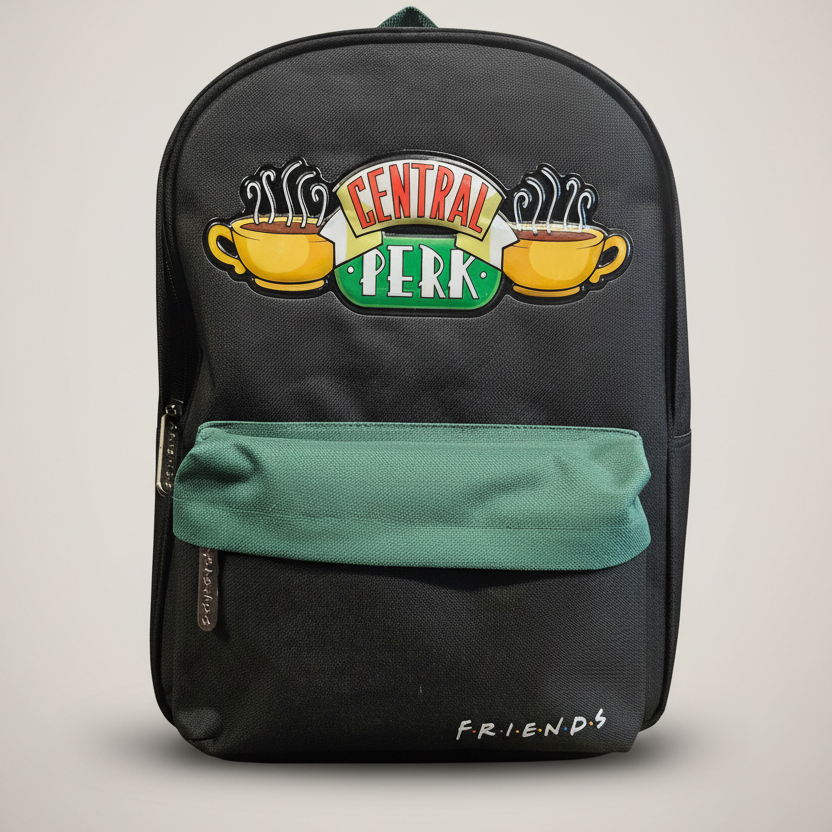Black backpack with Central Perk logo and 'Friends' branding on a light gray background