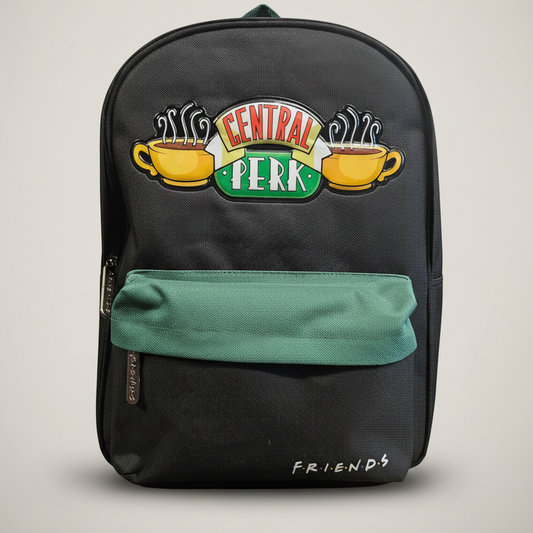 Black backpack with Central Perk logo and 'Friends' branding on a light gray background