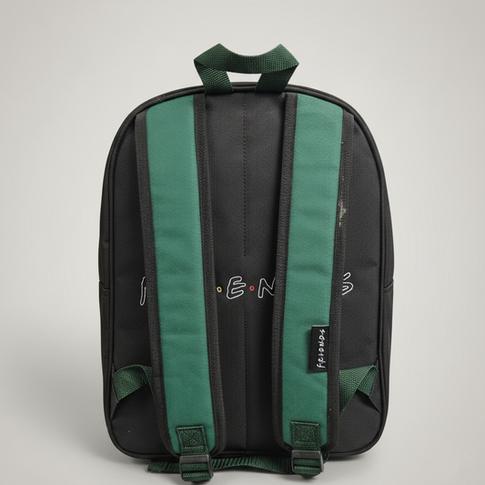 Black F.R.I.E.N.D.S backpack with green straps on a light gray background