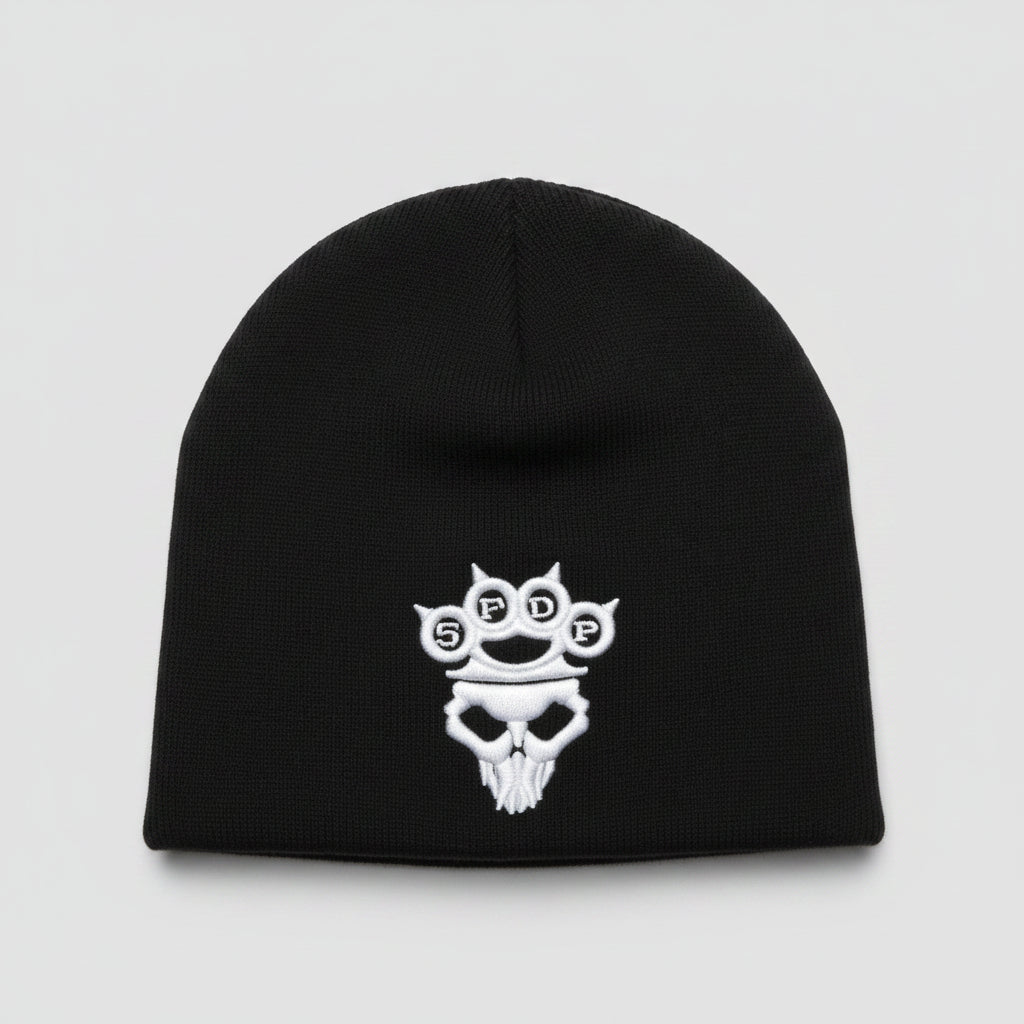 Black beanie with a white "five finger death punch" embroidered logo.