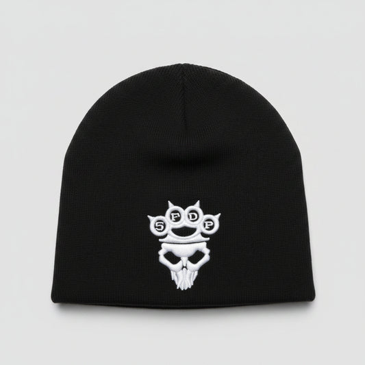Black beanie with a white "five finger death punch" embroidered logo.