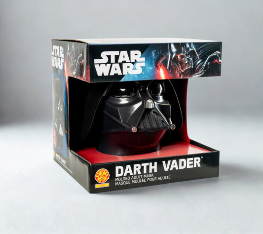 Darth Vader mask in packaging with 'Star Wars' branding on a gray background