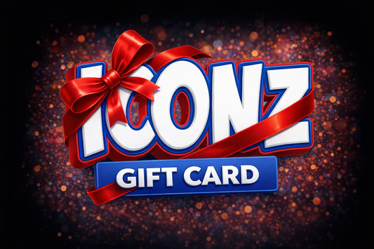 ICONZ gift card with a red bow on a dark background