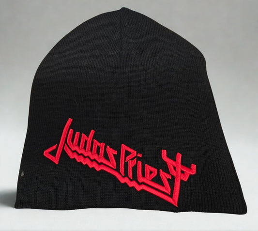 Black beanie with red 'Judas Priest' logo on a gray background