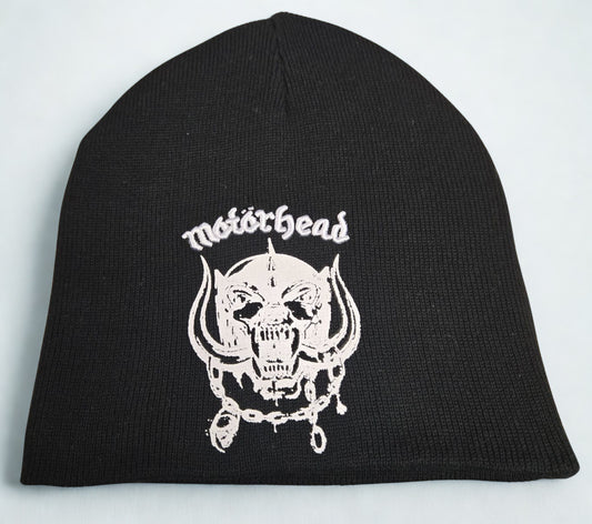 Black beanie with white 'Motorhead' logo on a light gray background
