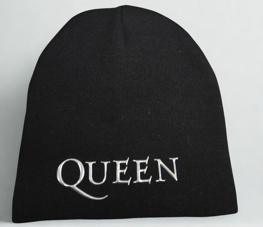 Black beanie with 'QUEEN' embossed on a light gray background