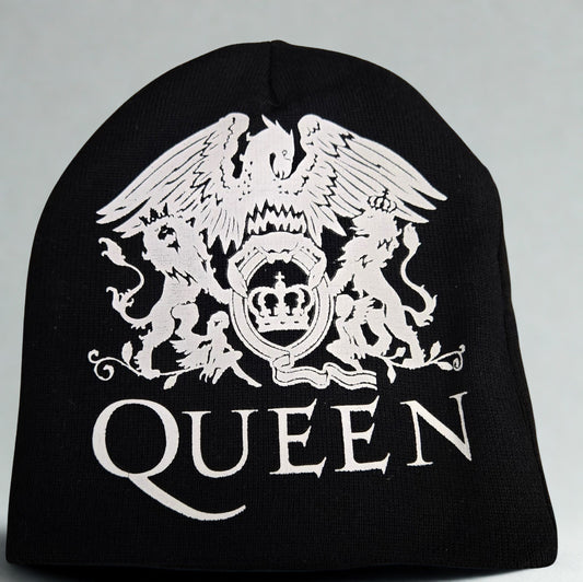 Black beanie with white 'Queen' logo on a gray background