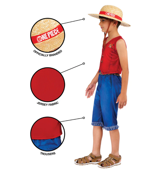 Monkey D. Luffy child's costume featuring red and blue outift and straw hat with One Piece branding. | Iconz