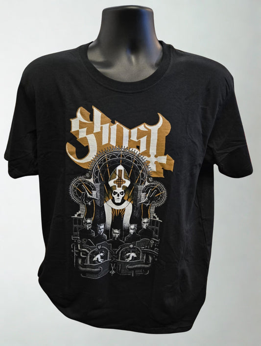 Black t-shirt with GHOST graphic design on a mannequin in a store setting