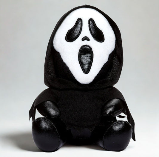Black and white ghost face figure plush toy on a light gray background