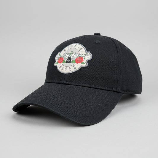 Black cap with Guns N Roses design on a gray background