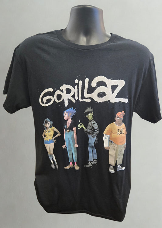 Black t-shirt with Gorillaz graphic design on a mannequin against a gray background