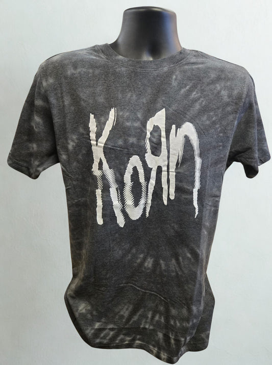 Gray tie-dye t-shirt with 'Korn' logo on a mannequin against a white background