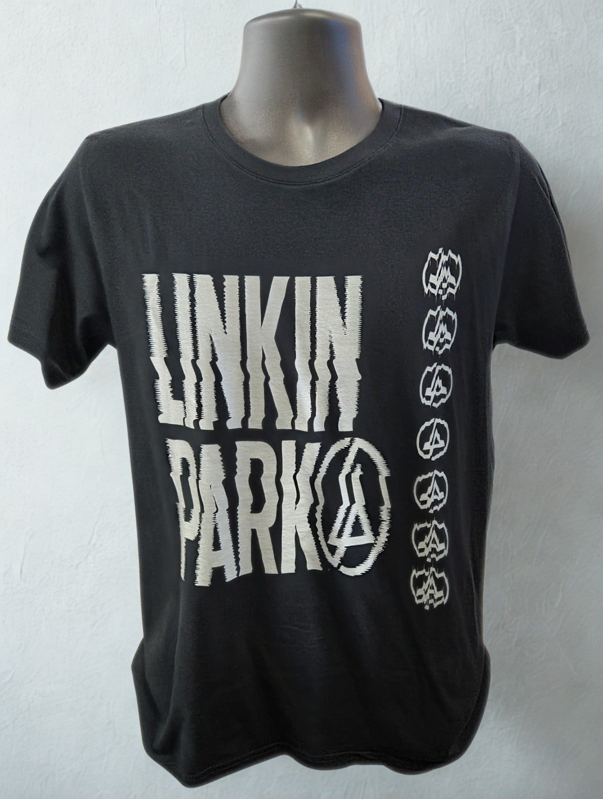 Black t-shirt with Linkin Park logo on a mannequin against a white background