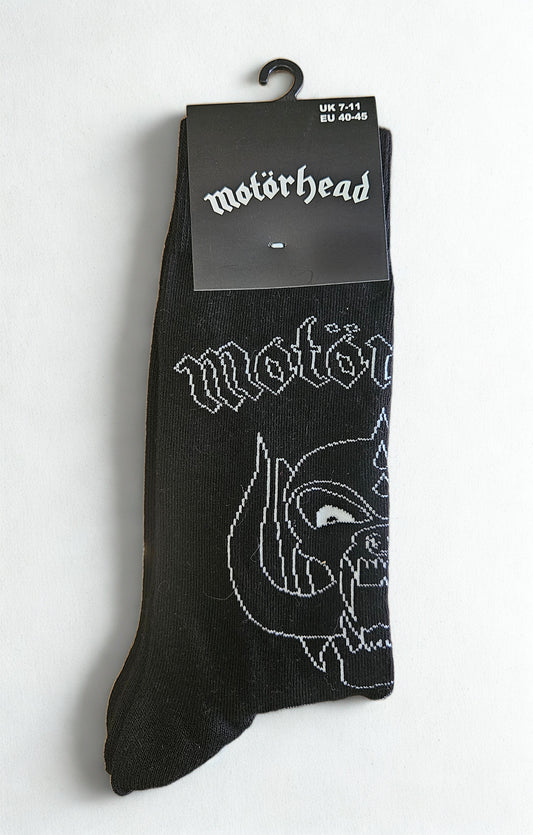 Black sock with white graphics and 'Motörhead' branding on a white background
