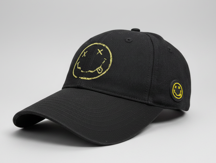 Black Nirvana cap with yellow smiley face design on a gray background