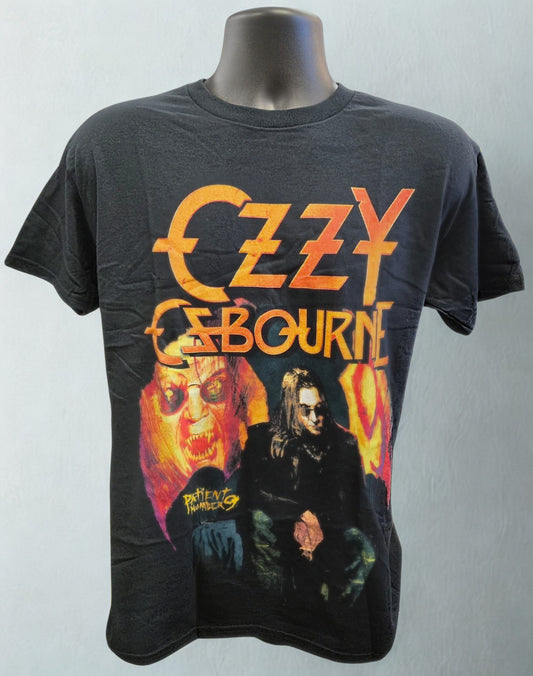 Black t-shirt with Ozzy Osbourne graphic design on a mannequin against a gray background