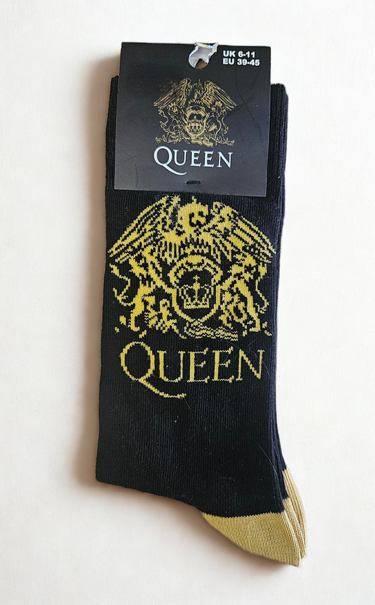 Black sock with yellow emblem and 'Queen' branding on a white background