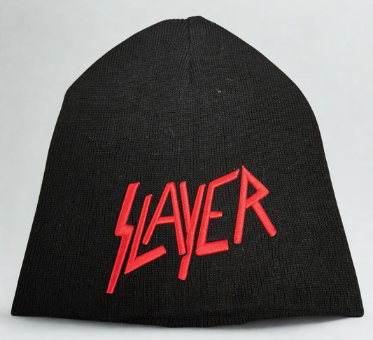 Black beanie with red 'SLAYER' logo on a light gray background