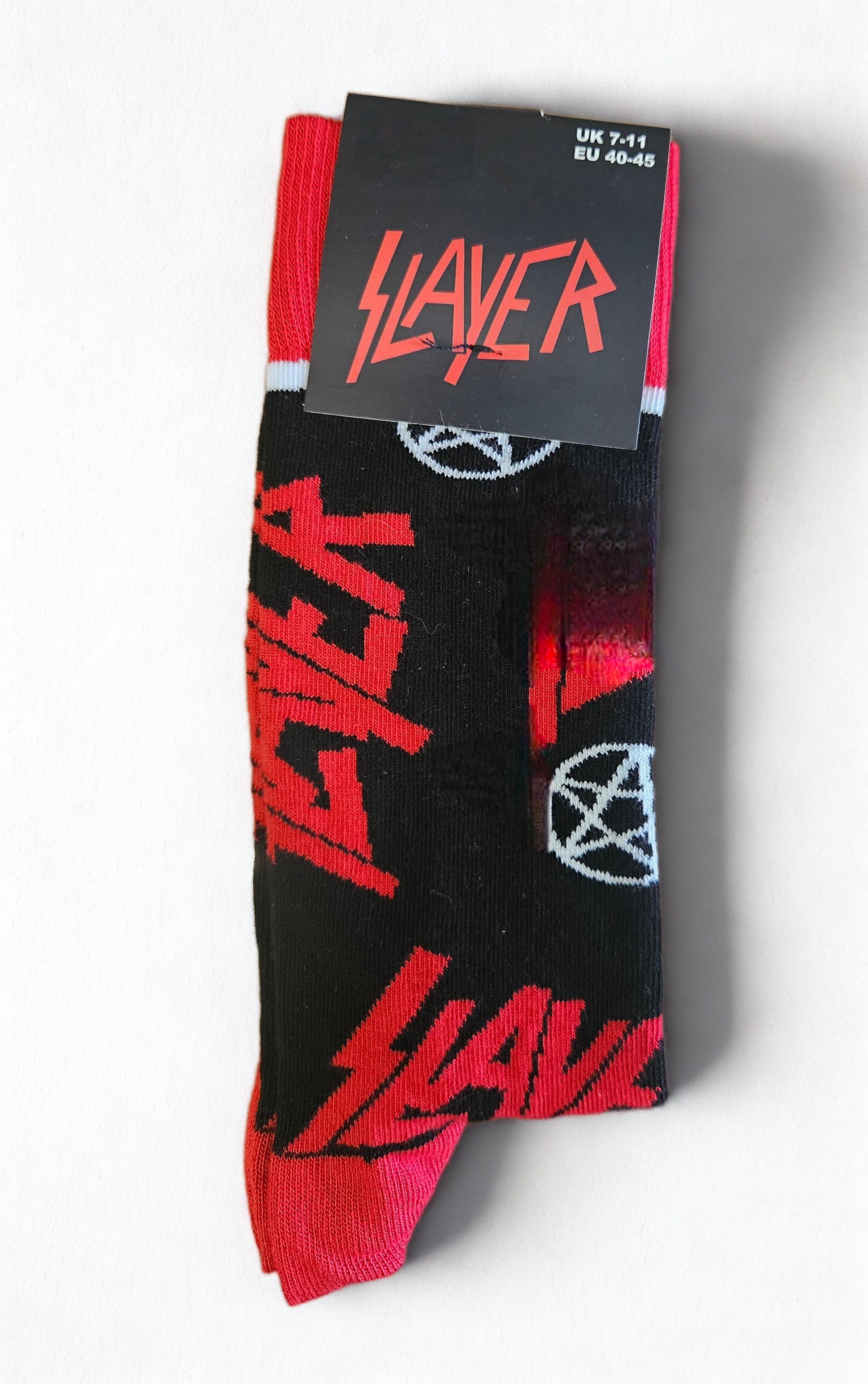 Slayer black and red socks on white background