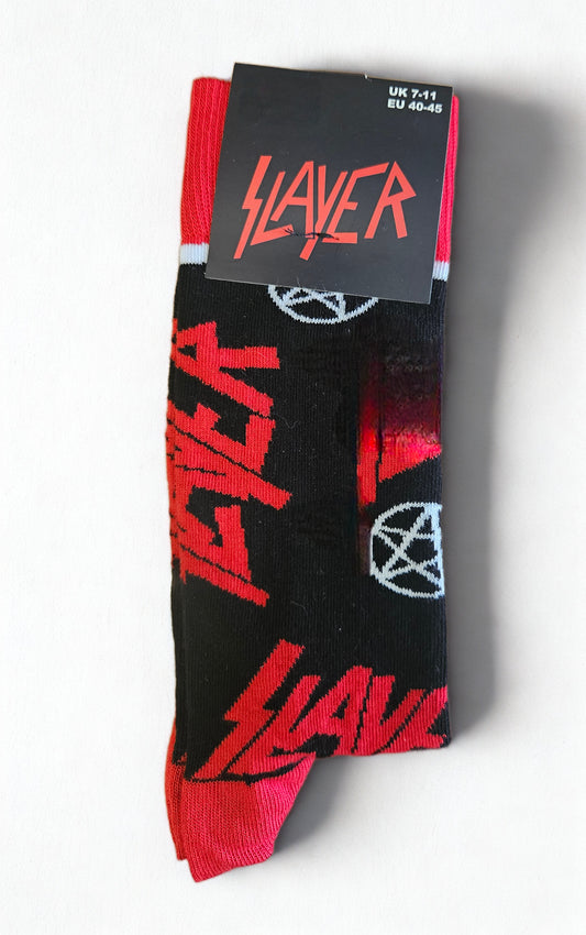 Slayer black and red socks on white background