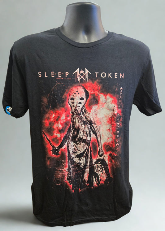 Black t-shirt with Sleep Token graphic design and text on a mannequin against a gray background