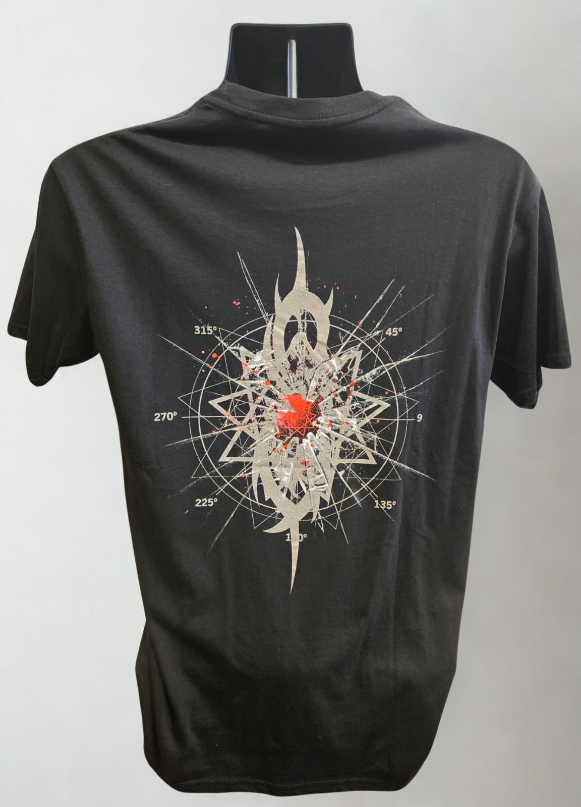 Black t-shirt with a unique Slipknot design on a gray background