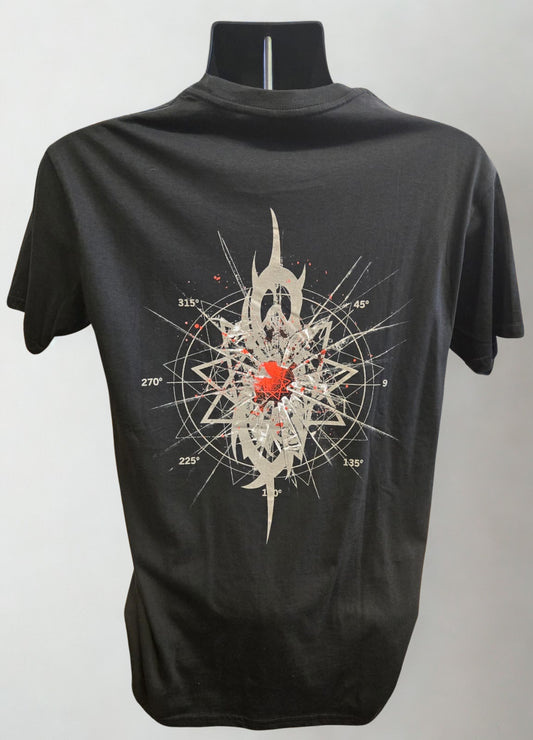 Black t-shirt with a unique Slipknot design on a gray background