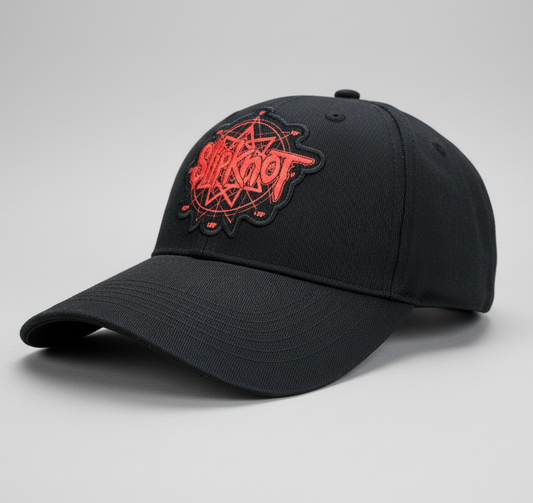 Black cap with red Slipknot logo on a gray background