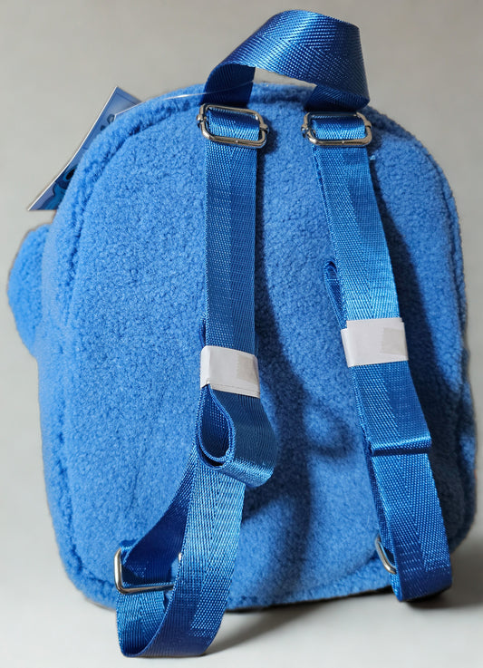 Blue Disney Stitch backpack with straps on a gray background