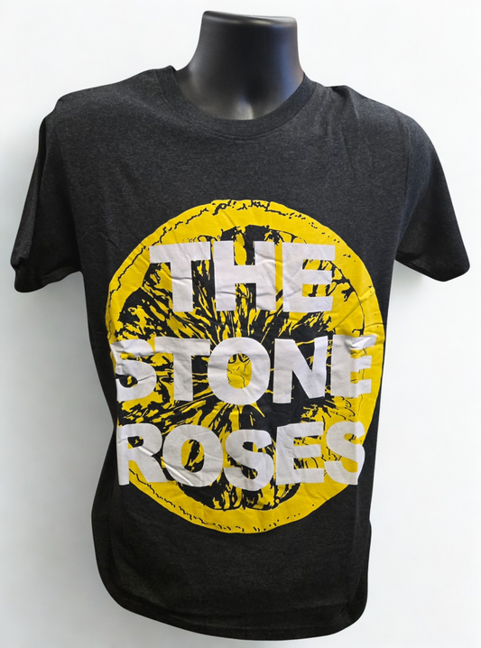 Black t-shirt with 'The Stone Roses' graphic design on a mannequin against a white background